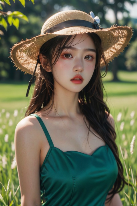  poakl ggll girl,poakl ggll girl, 1girl, solo, long hair, realistic, black hair, dress, looking at viewer, grass, outdoors, upper body, lips, sleeveless, hat, brown hair, signature, black eyes, day, ((poakl)), (\meng ze\), Light master