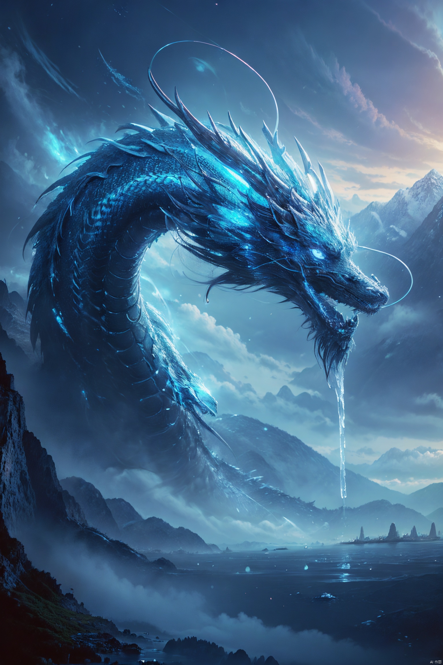  1 dragon,linkedragom,night,glowing,Close-up of face, faucet, staring at the audience,Mountains, oceans, clouds