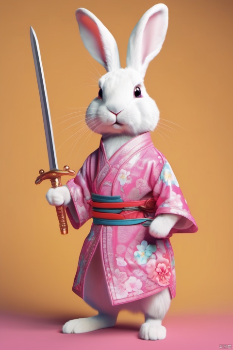  Anthropomorphic, real,8k,cute, standing, hairy, white rabbit, pink ears, rabbit holding a sword, wearing a patterned Chinese costume