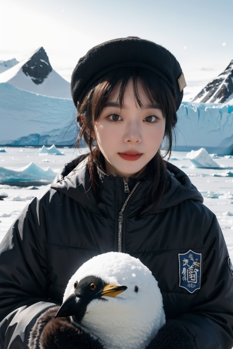 ((masterpiece)),  ((best quality)),  8k,  high detailed,  ultra-detailed,  (1Chinese girl),  wearing a cotton hat and gloves,  dressed in cold-proof clothing,  in Antarctica,  (iceberg),  (glacier),  crystal clear,  snowing,  cold wind,  with penguins in the distance,uafs,",