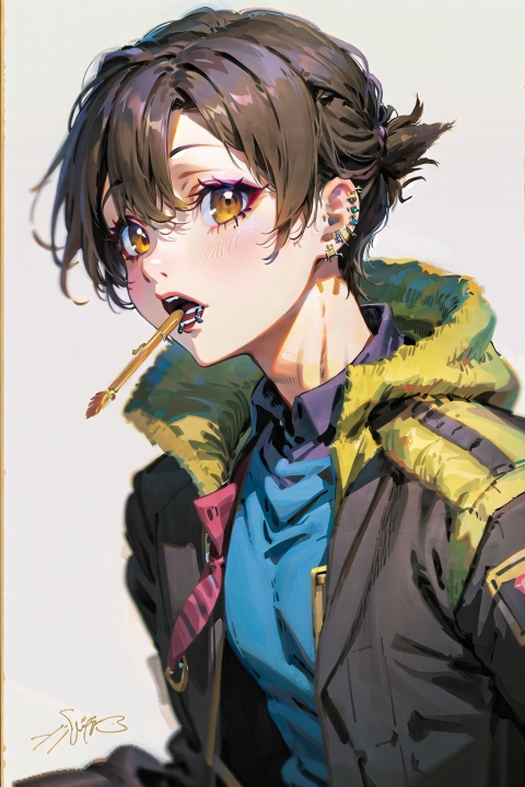 1boy, fox,solo, signature, short_hair, piercing,  lipstick, makeup, brown_eyes, nose_piercing, eyebrow_piercing, lips, ear_piercing, foodfull_body,best quality,high quality,picture,Anime, illustration,white_background,pure background,Comic style, anime, cartoon, style, best quality, an illustration,