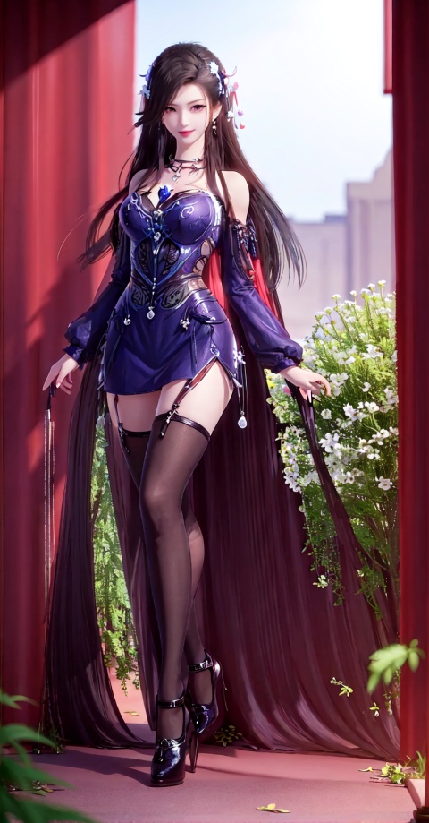 Masterpiece, 1 girl, solo,

((on_tree)), long hair, red eye, white skirt, collarbone, smiling, school uniform, white legs, off-the-shoulder, fallen leaves, flowers, hair accessories, branches, whole body,Shiny thigh straps, high heels, full-body close-ups, black pantyhose,