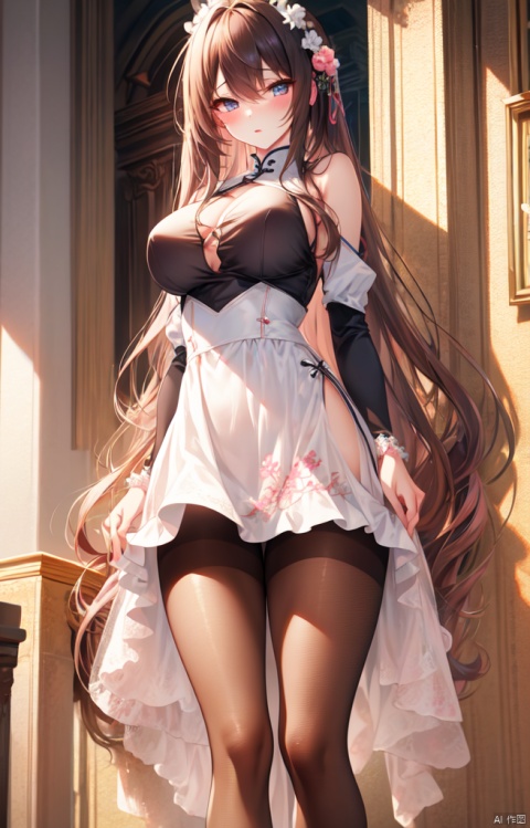  1 female,tender wifely,solo,detailed face, highly detailed clothes, azure qipao, ancient Chinese style,long flaxen hair, shoulders, slender legs,large breasts, white pantyhose, pantyhose lace side, pale pink lips, embroidered dress,standing, shy on face.masterpiece,best quality,{best quality},{{masterpiece}},{highres},original,extremely detailed wallpaper,{an extremely delicate and beautiful}., downblouse, CHICHIBUKURO