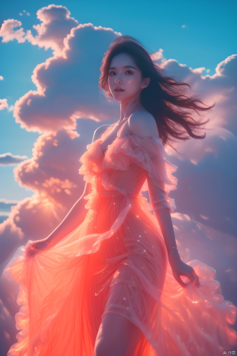  Deep shadow, contour light, depth of field, (sea of clouds background :1.4), (Cleavage cut out, high cut, bare waist, bare legs, off-the-shoulder :1.6), (translucent dress, cloud dress:1.9), (plumping breasts, slender waist, very long legs,:1.3), waist photo,sdmai, bohenv, Lotus, lotus pond, water drops, 1girl, solo, looking at viewer, brown eyes, realistic, parted lips, flower, brown hair, long hair,,bohenv, orgdress, purdress,