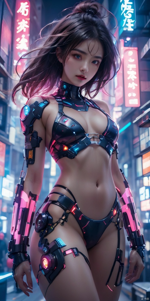  (long_hair, flowing hair), future technology, 1girl, dynamic pose, glowing clothing, multi-line light on body, multi-light clothing, in a cyberpunk-style mech bikini, meatball head, (glowing electronic screen), (electronic message flow: 1.3), holographic projection, (glowing electronic screen on ARM: 1.2), glowing text on thigh, (girl pose: 1.2), glowing e-shoes, (body: 1.2), colored smoke, city blocks, cyberpunk city background, glow, neon, 1mechanical girl,((ultra realistic details)), waist photo, off shoulder, bare waist, bare legs, bare arms, portrait, detailed face,global illumination, shadows, octane render, 8k, ultra sharp,metal,intricate, ornaments detailed, cold colors, egypician detail, highly intricate details, realistic light, trending on cgsociety, glowing eyes, facing camera, neon details, machanical limbs,blood vessels connected to tubes,mechanical cervial attaching to neck,wires and cables connecting to head,blood,killing machine
,11, MAJICMIX STYLE, 1girl