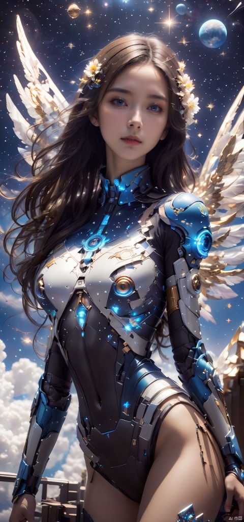 Waist photo, (Masterpiece:1.5),(high quality:1.5),(best quality:1.5),(ultra high res),(Visual impact:1.5),1 girl,Solo,(Perfect female body:1.5),Flower,Extremely detailed,starry_sky,hair ornament,cloud,sky,blue sky,long hair,planet,cosmic starry sky,(science fiction:1.5),(shining mecha:1.2),wings, wings, Face Score, MAJICMIX STYLE