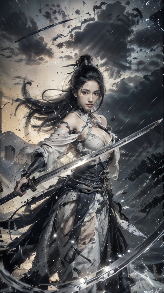  (Cleavage cut out, high cut, bare waist, bare legs, off-the-shoulder :1.2), (plumping breasts, slender waist, very long legs :1.3), 1 girl,(Rain of Blades:1.6), (a girl surrounded by floating swords:1.3), solo, black long hair, female focus: strengthening, (close up : 1.7), (Floating Swords * 10000), 10000 Floating Swords, lens light, Shadow of the Swords (Blade Storm: 1.2), circular waves, Night, cliffs, starry sky, clouds, mountains and rivers, ambient samples, Starry Night, Absorption, Incremental Absorption, Beyond Reality, (Masterpiece) ECE, (Very Detailed CGUnit 8K Wallpaper), Best Quality, High Resolution Illustrations, Yu Jian Jue, BY MOONCRYPTOWOW, Sword Formation, smwuxia Chinese text blood weapon:sw,