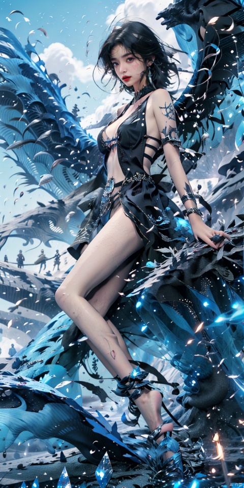  (cleavage cut out, high cut, bare waist, bare legs, bare arms:1.9), (plumping breasts, slender waist, very long leg), waist photo, Surrounded by rotating transparent red scrolls, floating transparent red Chinese characters, dynamic, rotating, 1 girl soaring in the sky, looking at the camera, writing calligraphy, solo, blue eyes, holding, weapon, holding weapon, glow, robot, mecha, science fiction, open_hand,movie lighting, strong contrast, high level of detail, best quality, masterpiece,heigirl,crystal_dress , crystal , wings,kanju shufa background, shufa background, qingsha, gonggongshi, Daofa Rune, eastern dragon, 1girl, midjourney portrait