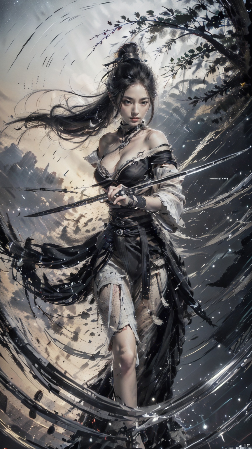  (Cleavage cut out, high cut, bare waist, bare legs, off-the-shoulder :1.9), (plumping breasts, slender waist, very long legs :1.3), 1 girl,(Rain of Blades:1.6), (a girl surrounded by floating swords:1.3), solo, black long hair, female focus: strengthening, (close up : 1.7), (Floating Swords * 10000), 10000 Floating Swords, lens light, Shadow of the Swords (Blade Storm: 1.2), circular waves, Night, cliffs, starry sky, clouds, sunset, mountains and rivers, ambient samples, Starry Night, Absorption, Incremental Absorption, Beyond Reality, (Masterpiece) ECE, (Very Detailed CGUnit 8K Wallpaper), Best Quality, High Resolution Illustrations, Yu Jian Jue, BY MOONCRYPTOWOW, Sword Formation, smwuxia Chinese text blood weapon:sw,