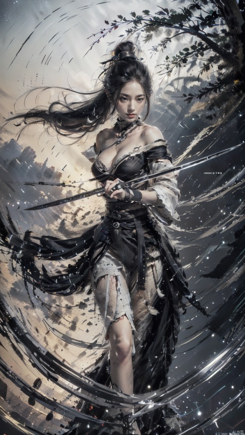  (Cleavage cut out, high cut, bare waist, bare legs, off-the-shoulder :1.9), (plumping breasts, slender waist, very long legs :1.3), 1 girl,(Rain of Blades:1.6), (a girl surrounded by floating swords:1.3), solo, black long hair, female focus: strengthening, (close up : 1.7), (Floating Swords * 10000), 10000 Floating Swords, lens light, Shadow of the Swords (Blade Storm: 1.2), circular waves, Night, cliffs, starry sky, clouds, sunset, mountains and rivers, ambient samples, Starry Night, Absorption, Incremental Absorption, Beyond Reality, (Masterpiece) ECE, (Very Detailed CGUnit 8K Wallpaper), Best Quality, High Resolution Illustrations, Yu Jian Jue, BY MOONCRYPTOWOW, Sword Formation, smwuxia Chinese text blood weapon:sw,
