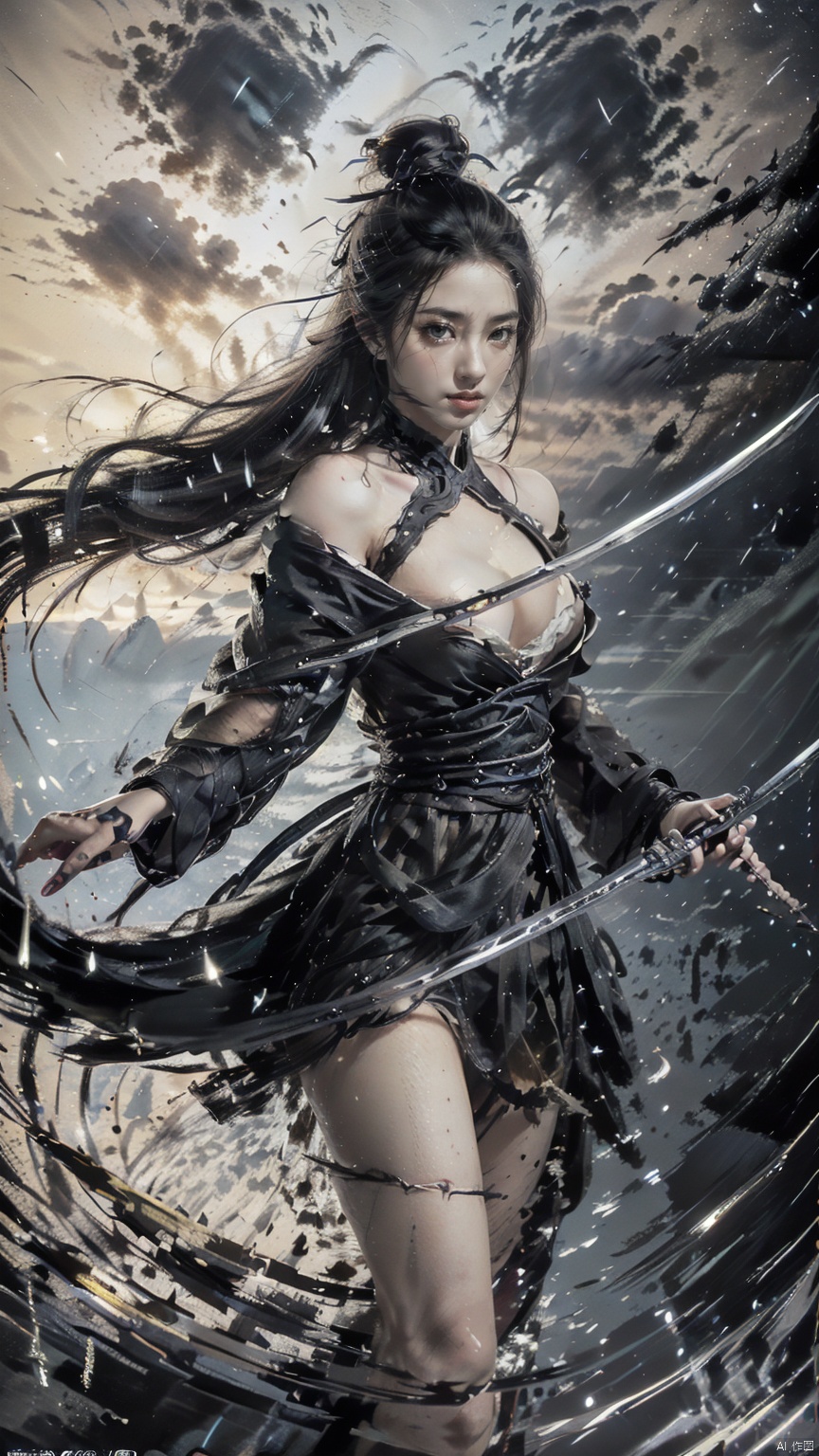  (Cleavage cut out, high cut, bare waist, bare legs, off-the-shoulder :1.9), (plumping breasts, slender waist, very long legs :1.3), 1 girl,(Rain of Blades:1.6), (a girl surrounded by floating swords:1.3), solo, black long hair, female focus: strengthening, (close up : 1.7), (Floating Swords * 10000), 10000 Floating Swords, lens light, Shadow of the Swords (Blade Storm: 1.2), circular waves, Night, cliffs, starry sky, clouds, mountains and rivers, ambient samples, Starry Night, Absorption, Incremental Absorption, Beyond Reality, (Masterpiece) ECE, (Very Detailed CGUnit 8K Wallpaper), Best Quality, High Resolution Illustrations, Yu Jian Jue, BY MOONCRYPTOWOW, Sword Formation, smwuxia Chinese text blood weapon:sw,