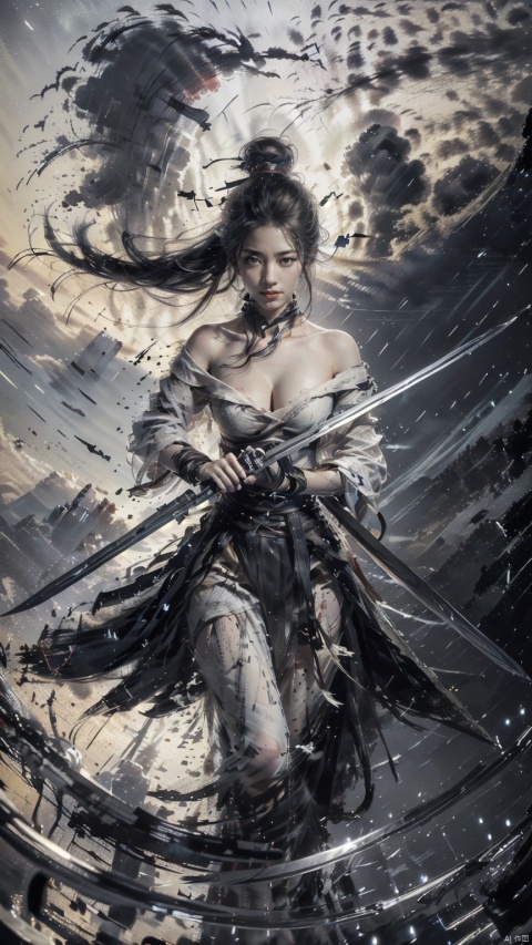  (Cleavage cut out, high cut, bare waist, bare legs, off-the-shoulder :1.9), (torned clothing :1.9), (plumping breasts, slender waist, very long legs :1.3), 1 girl,(Rain of Blades:1.6), (a girl surrounded by floating swords:1.3), solo, black long hair, female focus: strengthening, (close up : 1.7), (Floating Swords * 10000), 10000 Floating Swords, lens light, Shadow of the Swords (Blade Storm: 1.2), circular waves, Night, cliffs, starry sky, clouds, sunset, mountains and rivers, ambient samples, Starry Night, Absorption, Incremental Absorption, Beyond Reality, (Masterpiece) ECE, (Very Detailed CGUnit 8K Wallpaper), Best Quality, High Resolution Illustrations, Yu Jian Jue, BY MOONCRYPTOWOW, Sword Formation, smwuxia Chinese text blood weapon:sw,