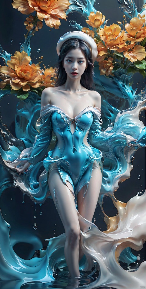 (close up :1.2), Cleavage cut out, high cut, bare waist, bare legs, off-the-shoulder, waist photo 1girl, blue eyes, solo, long hair, dress, blue nails, looking at viewer, white hair, flower, jewelry, floating hair, nail polish, ring, hat, hair ornament, plumbing breasts, breasts, white nails, liquid dress, bangs, hair between eyes, hands on own face,White hell,,white hell, mmeng,