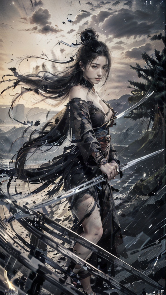  (Cleavage cut out, high cut, bare waist, bare legs, off-the-shoulder :1.9), (plumping breasts, slender waist, very long legs :1.3), 1 girl,(Rain of Blades:1.6), (a girl surrounded by floating swords:1.3), solo, black long hair, female focus: strengthening, (close up : 1.7), (Floating Swords * 10000), 10000 Floating Swords, lens light, Shadow of the Swords (Blade Storm: 1.2), circular waves, Night, cliffs, starry sky, clouds, mountains and rivers, ambient samples, Starry Night, Absorption, Incremental Absorption, Beyond Reality, (Masterpiece) ECE, (Very Detailed CGUnit 8K Wallpaper), Best Quality, High Resolution Illustrations, Yu Jian Jue, BY MOONCRYPTOWOW, Sword Formation, smwuxia Chinese text blood weapon:sw,