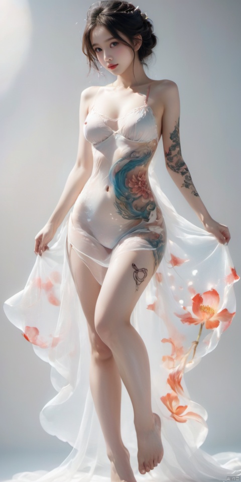  (Double exposure :1.4), delicate embellish, (upper thigh shot :1.3), full body shot, Low Angle shot, (Tattoo :1.3), Dundar Effect, soft focus, 4k, hdr, Mystery animal 1 girl, fantasy art, (Detailed vibrant face :1.33), (dress dress), [Upper buttocks :0.4], Masterpiece, (Polka tattoo :1.4), (translucent luminous body :1.2), (a silhouette silhouette and a beautiful woman: 1.42), (white background :1.5), (suspenders :0.6), 1 girl, Face Score, MAJICMIX STYLE, 1girl