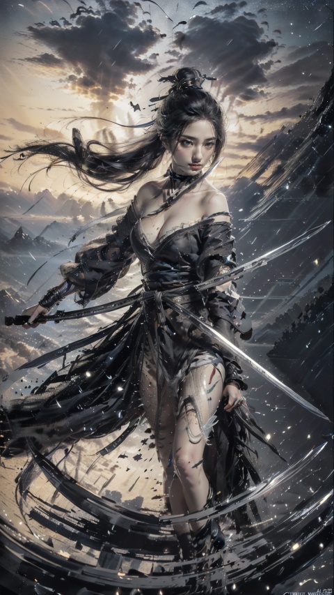  (Cleavage cut out, high cut, bare waist, bare legs, off-the-shoulder :1.9), (plumping breasts, slender waist, very long legs :1.3), 1 girl,(Rain of Blades:1.6), (a girl surrounded by floating swords:1.3), solo, black long hair, female focus: strengthening, (close up : 1.7), (Floating Swords * 10000), 10000 Floating Swords, lens light, Shadow of the Swords (Blade Storm: 1.2), circular waves, Night, cliffs, starry sky, clouds, sunset, mountains and rivers, ambient samples, Starry Night, Absorption, Incremental Absorption, Beyond Reality, (Masterpiece) ECE, (Very Detailed CGUnit 8K Wallpaper), Best Quality, High Resolution Illustrations, Yu Jian Jue, BY MOONCRYPTOWOW, Sword Formation, smwuxia Chinese text blood weapon:sw,