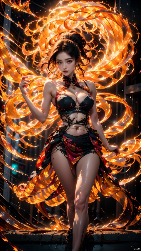 (Deep shadow, contour light, depth of field:1.3), (cleavage cut out, high cut, bare waist, bare legs:1.9), (plumping breasts, slender waist, very long legs:1.3 ), (close up :1.2), 
 Female Focus,holding glowing katana（Iaido）
Red lips, bangs, earings, kimono,Chinese closures, floral print, tassel, robe dragon, glowing weight, flowing light, shooting stars,Neon lights, reflecting lights, epic lighting,
(Flames around) (Fire clings to the samurai sword)··
Chinese Style, Ancient Temple, Serious, Light, Stairs, Red Full Moon, yiwenrudao\(xiuxian\), 1girl, BY MOONCRYPTOWOW, guangzy, Light master
