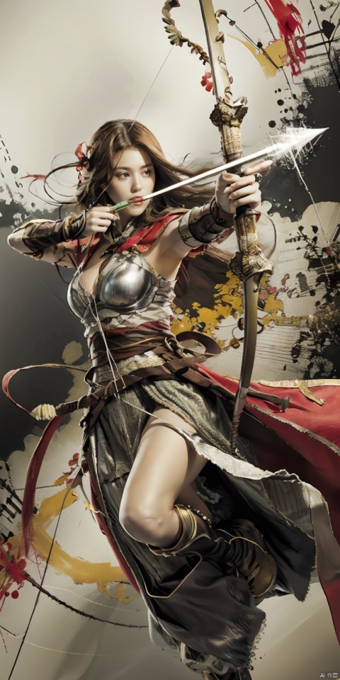  1girl,(close up :1.2), cleavage cut out, highcut, bare legs, solo,long flowing hair,sexy lace jewelry armor, focusing intensely,Hold the iron tire bow with the left hand and draw a bow and shoot arrows, (glowing arrow :1.3), Wearing a jade crown, shining silver armor, and wearing a lion headband. Treading towards the sky with cow tendon boots; Wearing a crimson cloak on her shoulders, carrying a three foot green blade on her waist, coupled with her tall figure and resolute expression,myinv, (vivid color splattering background:1.3), smwuxia Chinese text blood weapon:sw,blood splatter motion blur, ((poakl))