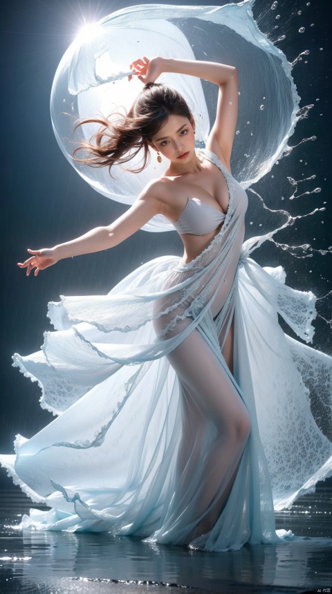  Ultrarealistic, High quality, masterpiece, wallpaper, 1 girl, grey hair, water dress, jumping, cleavage cut out, high cut, bare waist, bare legs, off-the-shoulder, (naked:1.2), (the girl was bound with water:1.3), blue water column, snowflake, magic circle, energy, radiance, diffraction spikes, ejaculation, electricity, flying paper, magic, Taoist runes, liquid clothes