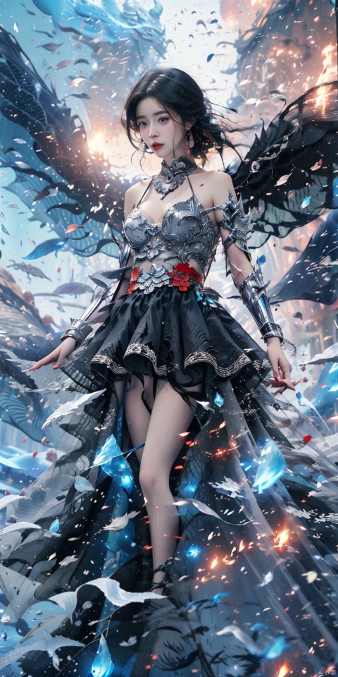  (cleavage cut out, high cut, bare waist, bare legs, bare arms), (plumping breasts, slender waist, very long leg), waist photo, Surrounded by rotating transparent red scrolls, floating transparent red Chinese characters, dynamic, rotating, 1 girl standing in the air, not looking at the camera, writing calligraphy, solo, blue eyes, holding, weapon, holding weapon, glow, robot, mecha, science fiction, open_hand,movie lighting, strong contrast, high level of detail, best quality, masterpiece,heigirl,crystal_dress , crystal , wings,kanju shufa background, shufa background, qingsha, gonggongshi, Daofa Rune, eastern dragon, 1girl, midjourney portrait