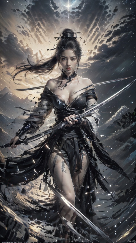  (Cleavage cut out, high cut, bare breasts, bare legs, off-the-shoulder :1.9), (torned clothing :1.6), (plumping breasts, slender waist, very long legs :1.3), 1 girl,(Rain of Blades:1.6), (a girl surrounded by floating swords:1.3), solo, black long hair, female focus: strengthening, (close up : 1.7), (Floating Swords * 10000), 10000 Floating Swords, lens light, Shadow of the Swords (Blade Storm: 1.2), circular waves, Night, cliffs, starry sky, clouds, sunflare, mountains and rivers, ambient samples, Starry Night, Absorption, Incremental Absorption, Beyond Reality, (Masterpiece) ECE, (Very Detailed CGUnit 8K Wallpaper), Best Quality, High Resolution Illustrations, Yu Jian Jue, BY MOONCRYPTOWOW, Sword Formation, smwuxia Chinese text blood weapon:sw,