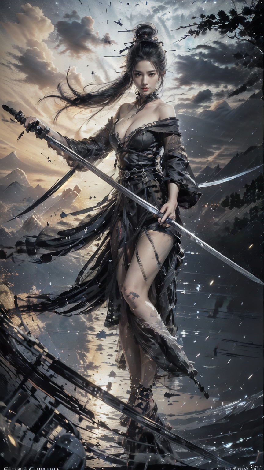  (Cleavage cut out, high cut, bare waist, bare legs, off-the-shoulder :1.9), (plumping breasts, slender waist, very long legs :1.3), 1 girl,(Rain of Blades:1.6), (a girl surrounded by floating swords:1.3), solo, black long hair, female focus: strengthening, (close up : 1.7), (Floating Swords * 10000), 10000 Floating Swords, lens light, Shadow of the Swords (Blade Storm: 1.2), circular waves, Night, cliffs, starry sky, clouds, mountains and rivers, ambient samples, Starry Night, Absorption, Incremental Absorption, Beyond Reality, (Masterpiece) ECE, (Very Detailed CGUnit 8K Wallpaper), Best Quality, High Resolution Illustrations, Yu Jian Jue, BY MOONCRYPTOWOW, Sword Formation, smwuxia Chinese text blood weapon:sw,