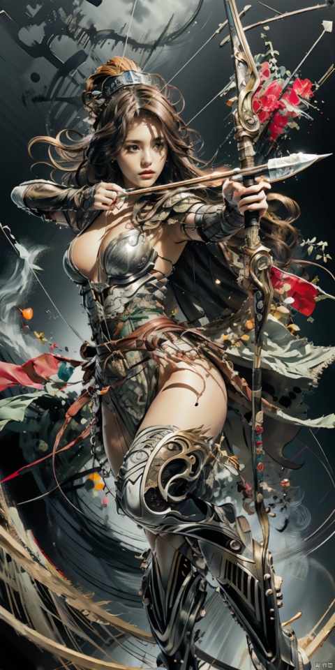  1girl,(close up :0.8), (cleavage cut out, highcut, bare legs:1.3),(plumping breasts, slender waist, long leg:1.2), solo,long flowing hair,(sexy lace jewelry armor:1.3), focusing intensely,Hold the iron tire bow with the left hand and draw a bow and shoot arrows, (glowing arrow :1.3), Wearing a jade crown, shining silver armor, and wearing a lion headband. Treading towards the sky with cow tendon boots; Wearing a crimson cloak on her shoulders, carrying a three foot green blade on her waist, coupled with her tall figure and resolute expression,myinv, (vivid color splattering background:1.3), smwuxia Chinese text blood weapon:sw,blood splatter motion blur, ((poakl)), BY MOONCRYPTOWOW,HALO,PHYCHEDELIC