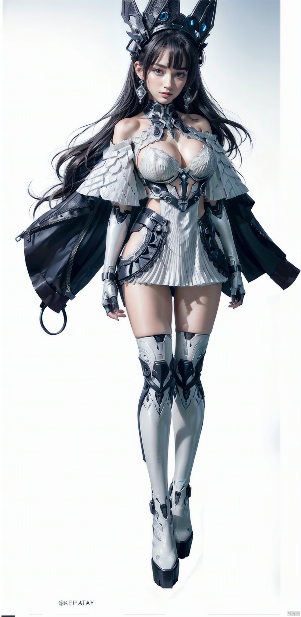  Deep shadow, contour light, depth of field, (Cleavage cut out, high cut, bare waist, bare legs, off-the-shoulder :1.2), (plumping breasts, slender waist, very long legs :1.3), (close up:1.4 ), (extremely delicate and beautiful:1.2), tianqijijijia, girl, long hair, blue eyes, open mouth, gloves, smile, looking at viewer, bangs, full body, mecha musume, dress, high heels, white hair, boots, white dress, floating hair, high heel boots, thigh boots, BY MOONCRYPTOWOW, ,
