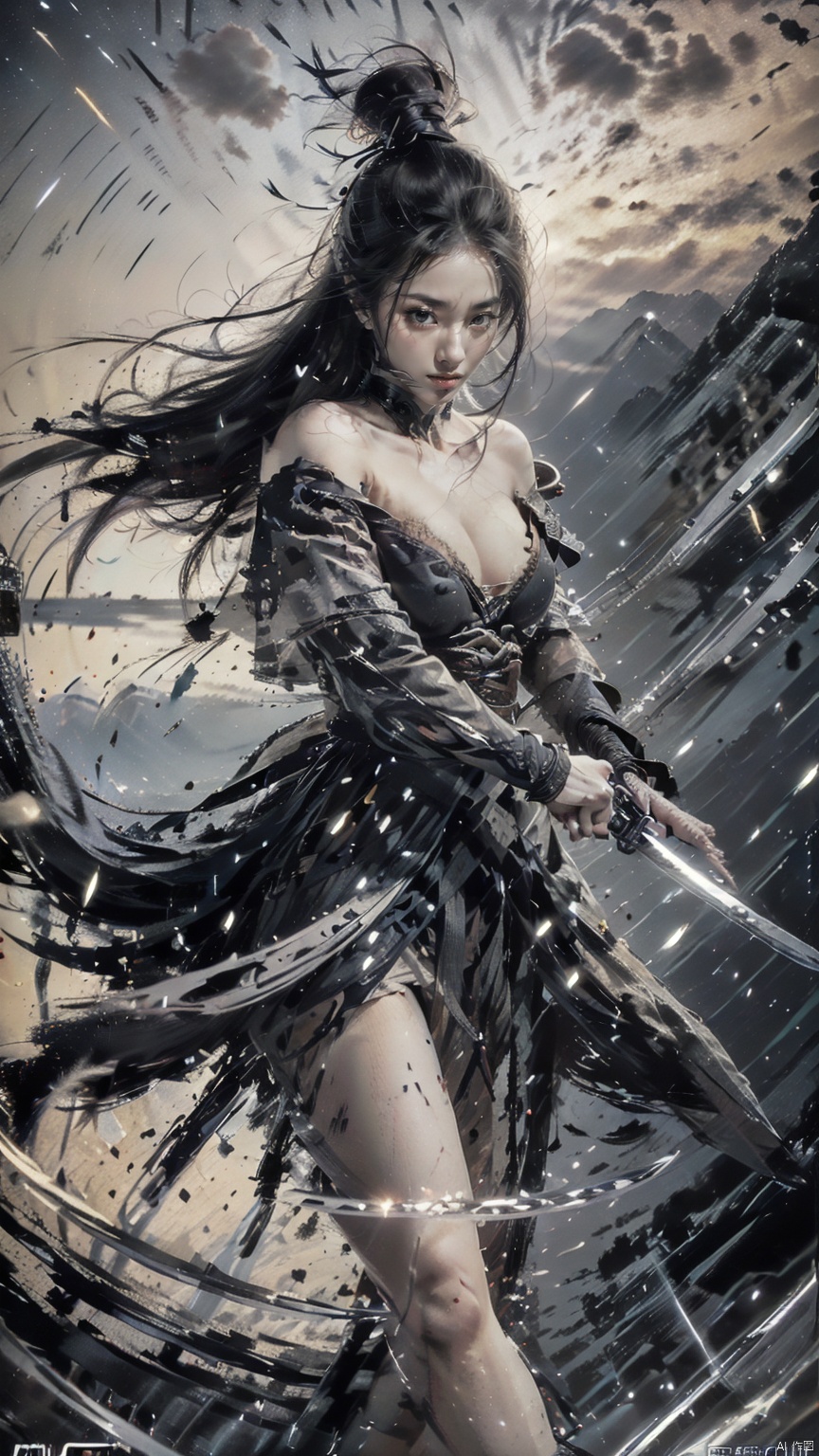  (Cleavage cut out, high cut, bare waist, bare legs, off-the-shoulder :1.9), (plumping breasts, slender waist, very long legs :1.3), 1 girl,(Rain of Blades:1.6), (a girl surrounded by floating swords:1.3), solo, black long hair, female focus: strengthening, (close up : 1.7), (Floating Swords * 10000), 10000 Floating Swords, lens light, Shadow of the Swords (Blade Storm: 1.2), circular waves, Night, cliffs, starry sky, clouds, sunset, mountains and rivers, ambient samples, Starry Night, Absorption, Incremental Absorption, Beyond Reality, (Masterpiece) ECE, (Very Detailed CGUnit 8K Wallpaper), Best Quality, High Resolution Illustrations, Yu Jian Jue, BY MOONCRYPTOWOW, Sword Formation, smwuxia Chinese text blood weapon:sw,