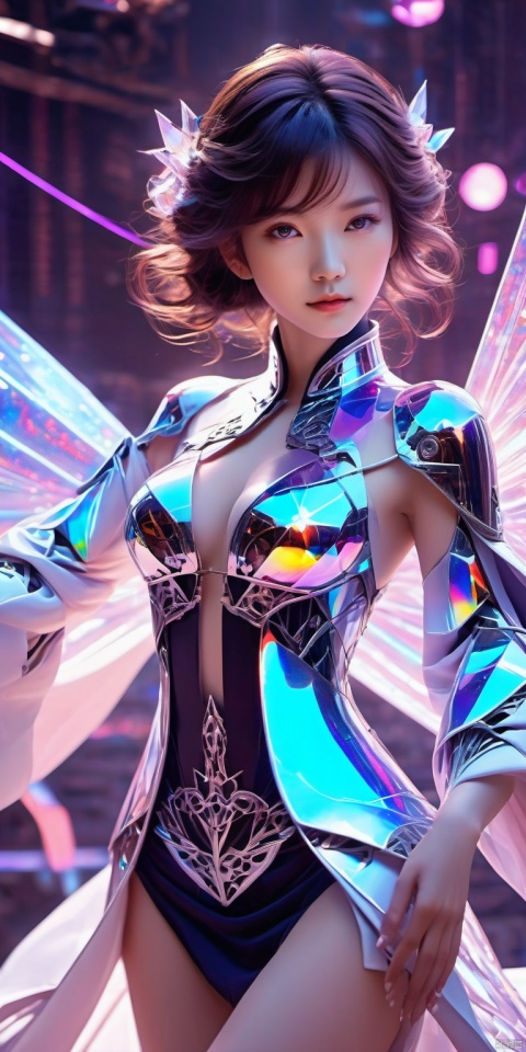  (cleavage cut out, high cut, bare waist, bare legs, bare arms:1.2), Waist photo, high quality exquisite wallpaper, (holographic:1.7),holographic metal,holographic fabric,1girl,wearing white Hanfu and black mecha,The girl was surrounded by magic arrays,solo,mecha musume,blue_eyes,cinematic lighting,strong contrast,1 beautiful young chinese woman,mature and exquisitefacial features,sharp eyes,photon force field,purple and blue glowing neon lights,wide_shot,robot girl,magic array,magic circle,roman numeral,blue theme,intricate glowing lace,(Multiple magic arrays:1.5),1 girl figure is slender medium breasts clothes,The girl was surrounded by magic arrays,Multiple magic arrays,The girl is surrounded by magic rings,unbuttoned clothes,stylish_pose,fighting_stance,