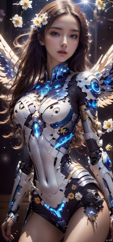 (angel wings :1.3), (cleavage cut out, high cut, bare waist, bare legs :1.9), (plumping breasts, slender waist, very long legs :1.3), 
Waist photo, (Masterpiece:1.5),(high quality:1.5),(best quality:1.5),(ultra high res),(Visual impact:1.5),1 girl,Solo,(Perfect female body:1.5),Flower,Extremely detailed,starry_sky,hair ornament,cloud,sky,blue sky,long hair,planet,cosmic starry sky,(science fiction:1.5),(shining mecha:1.2),wings, wings, Face Score, MAJICMIX STYLE, 11