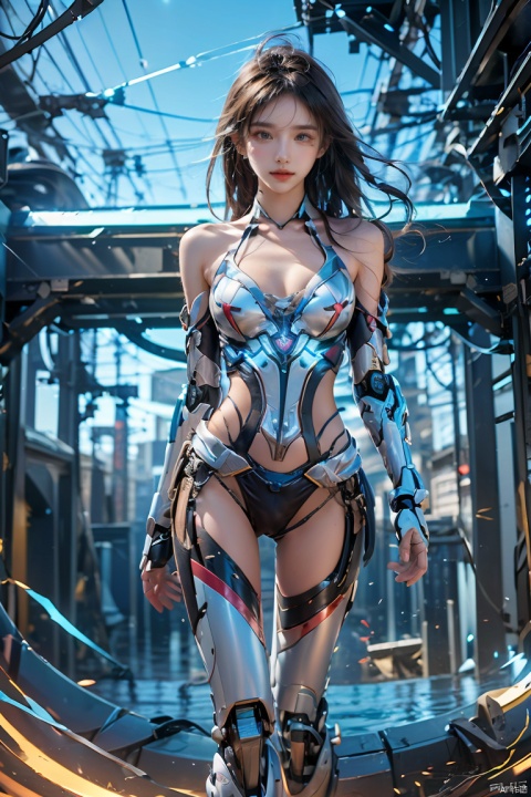  Ultrarealistic, Deep shadow, contour light, depth of field, (Cleavage cut out, high cut, bare waist, bare legs, off-the-shoulder :1.25), (plumping breasts, slender waist, very long legs :1.3), Graphics card core,1 girl, solo,blue eyes,mecha musume,grey hair,long flowing hair, In their 20s,beautiful ,Cheerful,extroversion,energy,glowing,running,diffractionspikes,ejaculation,electricity,magic,tarrysky, realistic characters,technological marvels,Mech jacket, futuristic style, ray tracing, hyper-realistic pop,8k, BY , Light master, ROBOT