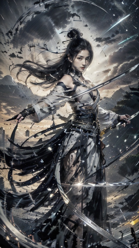  (Cleavage cut out, high cut, bare waist, bare legs, off-the-shoulder :1.2), (plumping breasts, slender waist, very long legs :1.3), 1 girl,(Rain of Blades:1.6), (a girl surrounded by floating swords:1.3), solo, black long hair, female focus: strengthening, (close up : 1.7), (Floating Swords * 10000), 10000 Floating Swords, lens light, Shadow of the Swords (Blade Storm: 1.2), circular waves, Night, cliffs, starry sky, clouds, mountains and rivers, ambient samples, Starry Night, Absorption, Incremental Absorption, Beyond Reality, (Masterpiece) ECE, (Very Detailed CGUnit 8K Wallpaper), Best Quality, High Resolution Illustrations, Yu Jian Jue, BY MOONCRYPTOWOW, Sword Formation, smwuxia Chinese text blood weapon:sw,