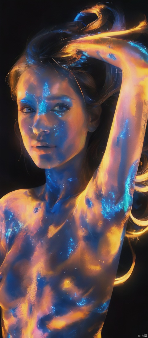  Waist photo, ((hands on breasts :1.9)), (long_hair, flowing hair), future technology, 1girl, dynamic pose, naked, (glowing_body_painting:2.2), (glowing tattoo, multi-line light on body, multi-light tattoo:2.2), (glowing electronic screen), (electronic message flow: 1.3), holographic projection, (glowing electronic screen on heart: 1.9), glowing text on thigh, (girl pose: 1.2), glowing e-shoes, colored smoke, glow, neon, 1mechanical girl,((ultra realistic details)), waist photo, off shoulder, bare waist, bare legs, bare arms, portrait, detailed face,global illumination, shadows, octane render, 8k, ultra sharp,metal,intricate, ornaments detailed, cold colors, egypician detail, highly intricate details, realistic light, trending on cgsociety, glowing eyes, facing camera, neon details, machanical limbs,
,11, MAJICMIX STYLE, 1girl, Face Score,