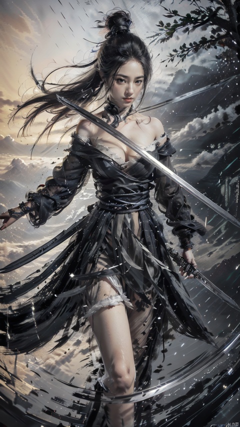  (Cleavage cut out, high cut, bare waist, bare legs, off-the-shoulder :1.9), (plumping breasts, slender waist, very long legs :1.3), 1 girl,(Rain of Blades:1.6), (a girl surrounded by floating swords:1.3), solo, black long hair, female focus: strengthening, (close up : 1.7), (Floating Swords * 10000), 10000 Floating Swords, lens light, Shadow of the Swords (Blade Storm: 1.2), circular waves, Night, cliffs, starry sky, clouds, sunflare, mountains and rivers, ambient samples, Starry Night, Absorption, Incremental Absorption, Beyond Reality, (Masterpiece) ECE, (Very Detailed CGUnit 8K Wallpaper), Best Quality, High Resolution Illustrations, Yu Jian Jue, BY MOONCRYPTOWOW, Sword Formation, smwuxia Chinese text blood weapon:sw,