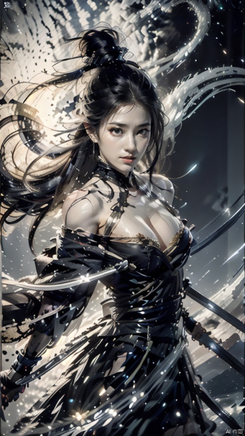  (Cleavage cut out, high cut, bare waist, bare legs, off-the-shoulder :1.9), (plumping breasts, slender waist, very long legs :1.3), 1 girl,(Rain of Blades:1.6), (a girl surrounded by floating swords:1.3), solo, black long hair, female focus: strengthening, (close up : 1.7), (Floating Swords * 10000), 10000 Floating Swords, lens light, Shadow of the Swords (Blade Storm: 1.2), circular waves, Night, cliffs, starry sky, clouds, mountains and rivers, ambient samples, Starry Night, Absorption, Incremental Absorption, Beyond Reality, (Masterpiece) ECE, (Very Detailed CGUnit 8K Wallpaper), Best Quality, High Resolution Illustrations, Yu Jian Jue, BY MOONCRYPTOWOW, Sword Formation, smwuxia Chinese text blood weapon:sw,