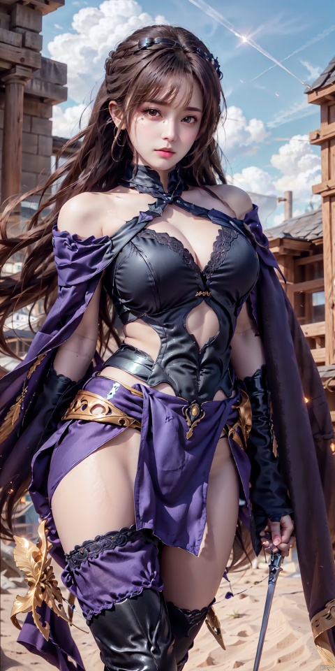  (close up :1.2), Deep shadow, contour light, depth of field, (Cleavage cut out, high cut, bare waist, bare legs, off-the-shoulder :1.6), (plumping breasts, slender waist, very long legs :1.3), 1girl, armor, yuuki \(sao\), glowing sword, solo, holding, glowing weapon, weapon, sword, long hair, red eyes, breastplate, red hairband, ahoge, holding sword, glowing, feet out of frame, looking at viewer, holding weapon, thighhighs, unsheathed, smile, pointy ears, purple hair, hairband, cape, cloud, purple cape, energy, bangs, very long hair, cloudy sky, light particles, knight, sky, closed mouth, black thighhighs, thighs, magic, boots, skirt, dual wielding, day, sheath, hair intakes, leotard, standing, rapier, purple gloves, blush, parted bangs, shiny hair, purple skirt, outdoors, shoulder armor, slit pupils, blue sky, shiny, gauntlets, floating hair, long skirt, armored boots, BY MOONCRYPTOWOW, ((poakl))