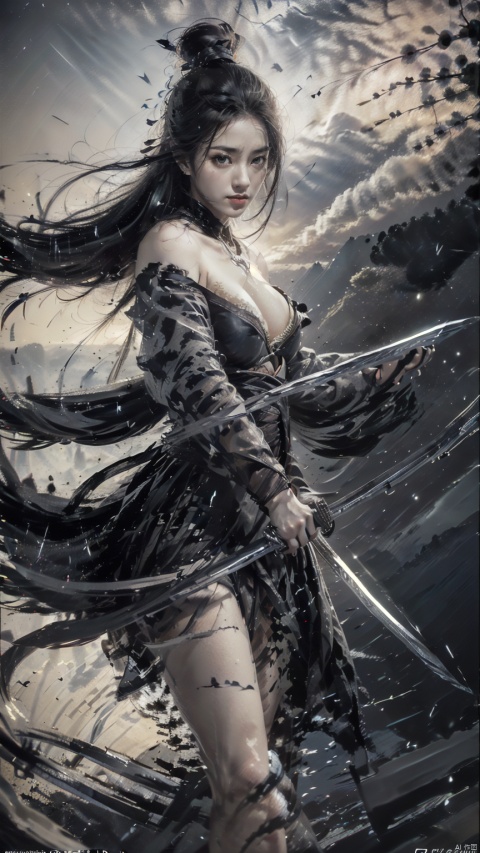  (Cleavage cut out, high cut, bare waist, bare legs, off-the-shoulder :1.9), (plumping breasts, slender waist, very long legs :1.3), 1 girl,(Rain of Blades:1.6), (a girl surrounded by floating swords:1.3), solo, black long hair, female focus: strengthening, (close up : 1.7), (Floating Swords * 10000), 10000 Floating Swords, lens light, Shadow of the Swords (Blade Storm: 1.2), circular waves, Night, cliffs, starry sky, clouds, mountains and rivers, ambient samples, Starry Night, Absorption, Incremental Absorption, Beyond Reality, (Masterpiece) ECE, (Very Detailed CGUnit 8K Wallpaper), Best Quality, High Resolution Illustrations, Yu Jian Jue, BY MOONCRYPTOWOW, Sword Formation, smwuxia Chinese text blood weapon:sw,