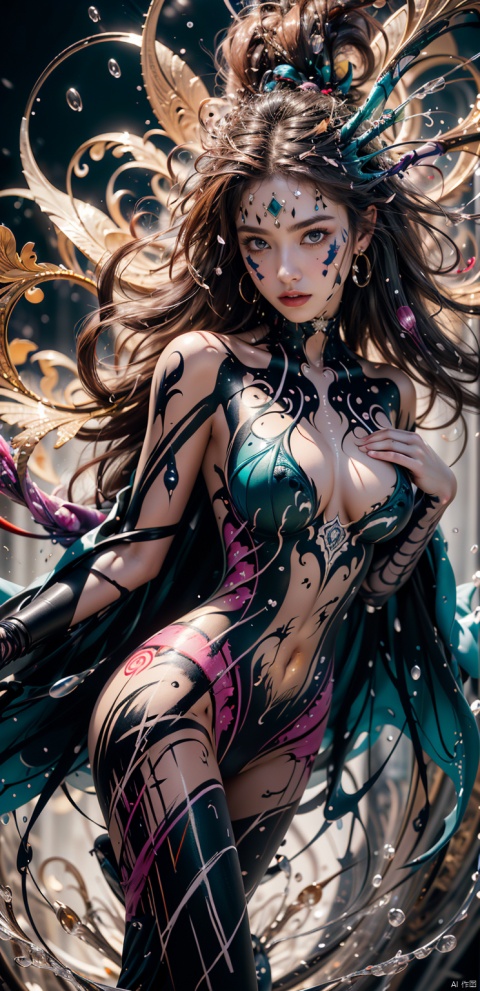  dark theme, (1girl:1.9), (close up:1.4), (plumping breasts, slender waist, very long legs), (splashing wrapped, body painting :1.9), (masterpiece,top quality,best quality,official art,beautiful and aesthetic:1.2), (geometric abstract background:1.4), esoteric,depth of field(zentangle, mandala, tangle, entangle), (colorful:1.1), (floating colorful sparkles), (dynamic pose), (dynamic angle:1.4), glowing skin,elegant, a brutalist designed, vivid colours, romanticism, Samoan pond, Fluid Moving well-built girl, Fall, expressive brush strokes, Swirling ,a chaotic battle raging on in the center of hands, with vibrant colors and bold brushstrokes capturing the intensity of the hands, a dynamic diagonal composition, and expressive, abstract forms, splashing, 1girl, (abstract art:1.4),bleeding green, visually stunning, beautiful, evocative, emotional, ((flesh color background)), purple theme, 1girl, BY MOONCRYPTOWOW