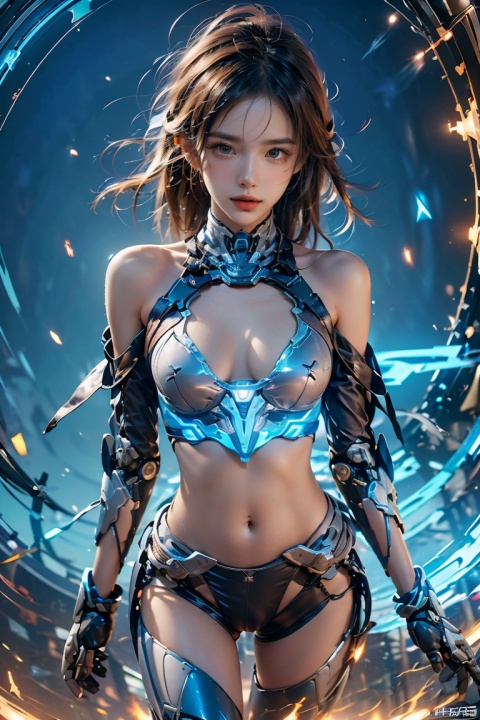  Ultrarealistic, Deep shadow, contour light, depth of field, (Cleavage cut out, high cut, bare waist, bare legs, off-the-shoulder :1.45), (plumping breasts, slender waist, very long legs :1.3), Graphics card core,1 girl, solo,blue eyes,mecha musume,grey hair,long flowing hair, In their 20s,beautiful ,Cheerful,extroversion,energy,glowing,running,diffractionspikes,ejaculation,electricity,magic,tarrysky, realistic characters,technological marvels,Mech jacket, futuristic style, ray tracing, hyper-realistic pop,8k, BY , Light master, ROBOT, lightning
