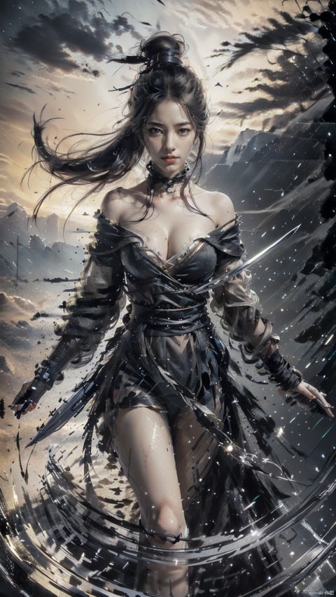  (Cleavage cut out, high cut, bare waist, bare legs, off-the-shoulder :1.9), (torned clothing :1.6), (plumping breasts, slender waist, very long legs :1.3), 1 girl,(Rain of Blades:1.6), (a girl surrounded by floating swords:1.3), solo, black long hair, female focus: strengthening, (close up : 1.7), (Floating Swords * 10000), 10000 Floating Swords, lens light, Shadow of the Swords (Blade Storm: 1.2), circular waves, Night, cliffs, starry sky, clouds, sunflare, mountains and rivers, ambient samples, Starry Night, Absorption, Incremental Absorption, Beyond Reality, (Masterpiece) ECE, (Very Detailed CGUnit 8K Wallpaper), Best Quality, High Resolution Illustrations, Yu Jian Jue, BY MOONCRYPTOWOW, Sword Formation, smwuxia Chinese text blood weapon:sw,