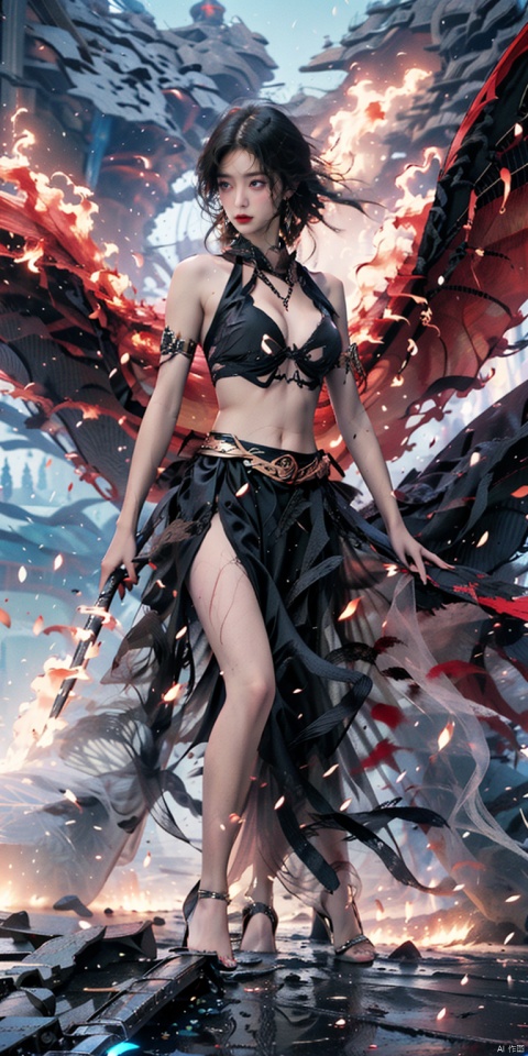  (very_long_white hair:1.2), (close up :1.2), (cleavage cut out, high cut, bare waist, bare legs, bare arms:1.9), (plumping breasts, slender waist, very long leg), waist photo, Surrounded by rotating transparent red scrolls, floating transparent red Chinese characters, dynamic, rotating, 1 girl soaring in the sky, looking at the camera, writing calligraphy, solo, blue eyes, holding, weapon, holding weapon, glow, robot, mecha, science fiction, open_hand,movie lighting, strong contrast, high level of detail, best quality, masterpiece,heigirl,crystal_dress , crystal , wings,kanju shufa background, shufa background, qingsha, gonggongshi, Daofa Rune, eastern dragon, 1girl, midjourney portrait