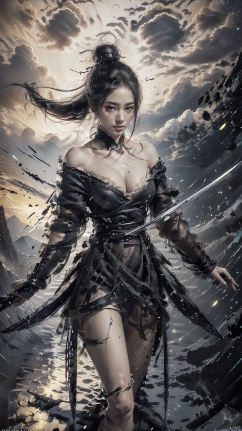  (Cleavage cut out, high cut, bare waist, bare legs, off-the-shoulder :1.9), (torned clothing :1.6), (plumping breasts, slender waist, very long legs :1.3), 1 girl,(Rain of Blades:1.6), (a girl surrounded by floating swords:1.3), solo, black long hair, female focus: strengthening, (close up : 1.7), (Floating Swords * 10000), 10000 Floating Swords, lens light, Shadow of the Swords (Blade Storm: 1.2), circular waves, Night, cliffs, starry sky, clouds, sunset, mountains and rivers, ambient samples, Starry Night, Absorption, Incremental Absorption, Beyond Reality, (Masterpiece) ECE, (Very Detailed CGUnit 8K Wallpaper), Best Quality, High Resolution Illustrations, Yu Jian Jue, BY MOONCRYPTOWOW, Sword Formation, smwuxia Chinese text blood weapon:sw,