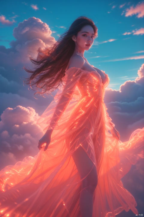  (sea of clouds background :1.4), (Cleavage cut out, high cut, bare waist, bare legs, off-the-shoulder :1.6), (translucent dress, cloud dress:1.9), (plumping breasts, slender waist, very long legs,:1.3), waist photo,sdmai, bohenv, Lotus, lotus pond, water drops, 1girl, solo, looking at viewer, brown eyes, realistic, parted lips, flower, brown hair, long hair,,bohenv, orgdress, purdress, 