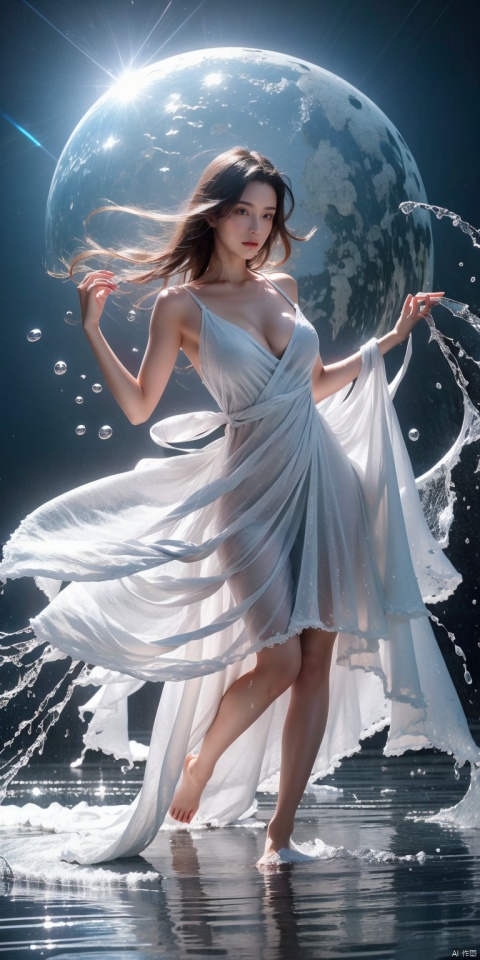  Ultrarealistic, High quality,  (close up :0.8), masterpiece, wallpaper, 1 girl, grey hair, water dress, jumping, cleavage cut out, high cut, bare waist, bare legs, off-the-shoulder, (naked:1.15), (the girl was bound with water:1.4), blue water column, snowflake, magic circle, energy, radiance, diffraction spikes, ejaculation, electricity, flying paper, magic, Taoist runes, liquid clothes