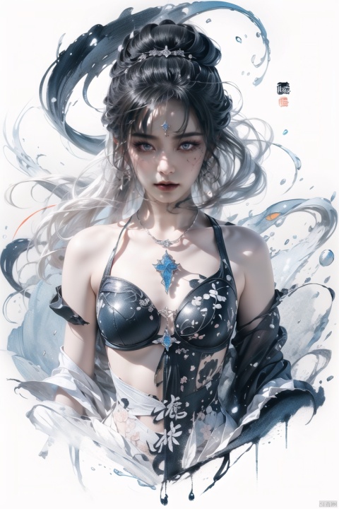  (Waist photo :1.2), (dramatic, gritty, intense:1.4),masterpiece, best quality,8k, insane details,hyper quality,ultra detailed, Masterpiece,(calligraphy:1.4),(ether colorful ink flowing:1.3),1girl,A shot with tension,white hair,exposed collarbone,sideways,Simple background, Ink scattering_Chinese style,yjmonochrome,Ink and wash style, fenhong, 1girl, Gothic, lotus leaf, shine eyes01