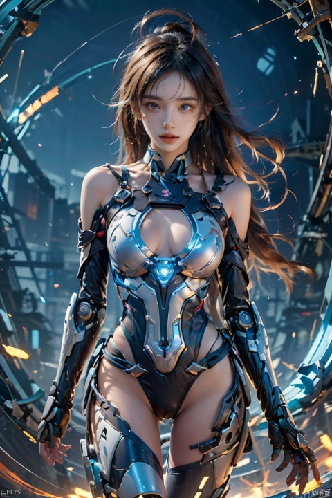  Ultrarealistic, Deep shadow, contour light, depth of field, (Cleavage cut out, high cut, bare waist, bare legs, off-the-shoulder :1.3), (plumping breasts, slender waist, very long legs :1.3), Graphics card core,1 girl, solo,blue eyes,mecha musume,grey hair,long flowing hair, In their 20s,beautiful ,Cheerful,extroversion,energy,glowing,running,diffractionspikes,ejaculation,electricity,magic,tarrysky, realistic characters,technological marvels,Mech jacket, futuristic style, ray tracing, hyper-realistic pop,8k, BY , Light master, ROBOT