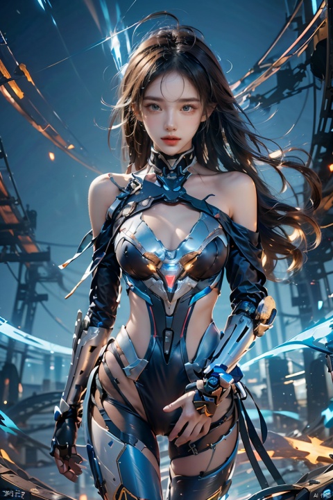  Ultrarealistic, Deep shadow, contour light, depth of field, (Cleavage cut out, high cut, bare waist, bare legs, off-the-shoulder :1.4), (plumping breasts, slender waist, very long legs :1.3), Graphics card core,1 girl, solo,blue eyes,mecha musume,grey hair,long flowing hair, In their 20s,beautiful ,Cheerful,extroversion,energy,glowing,running,diffractionspikes,ejaculation,electricity,magic,tarrysky, realistic characters,technological marvels,Mech jacket, futuristic style, ray tracing, hyper-realistic pop,8k, BY , Light master, ROBOT