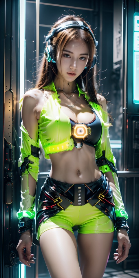  (face exposed), ((luminous clothes:1.4)),(((fluorescent clothes:1.1))), 
Waist photo,(cleavage cut out, high cut, bare waist, bare legs:1.5) ,1girl,Cyberpunk,headset,Mechanical earphones,Luminous earphones,Close ups,indoor,Mechanical necklace,A luminous necklace,Fragmented mechanical jewelry,Transparent mask,Cyber fabric clothing,Electronic screen,Technological background,Black and white gradient hair,Multi light pointjewelry,Glowonbothshoulders,Highbrightnesscontrast,机械耳机,耳机,Multidimensionaldiffractionpaper,机甲, machinery