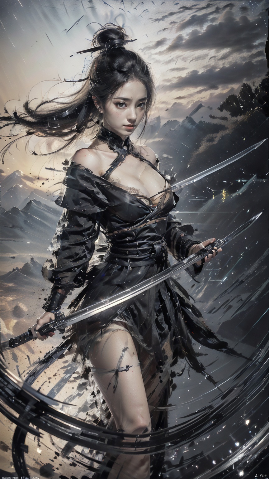  (Cleavage cut out, high cut, bare waist, bare legs, off-the-shoulder :1.9), (plumping breasts, slender waist, very long legs :1.3), 1 girl,(Rain of Blades:1.6), (a girl surrounded by floating swords:1.3), solo, black long hair, female focus: strengthening, (close up : 1.7), (Floating Swords * 10000), 10000 Floating Swords, lens light, Shadow of the Swords (Blade Storm: 1.2), circular waves, Night, cliffs, starry sky, clouds, mountains and rivers, ambient samples, Starry Night, Absorption, Incremental Absorption, Beyond Reality, (Masterpiece) ECE, (Very Detailed CGUnit 8K Wallpaper), Best Quality, High Resolution Illustrations, Yu Jian Jue, BY MOONCRYPTOWOW, Sword Formation, smwuxia Chinese text blood weapon:sw,